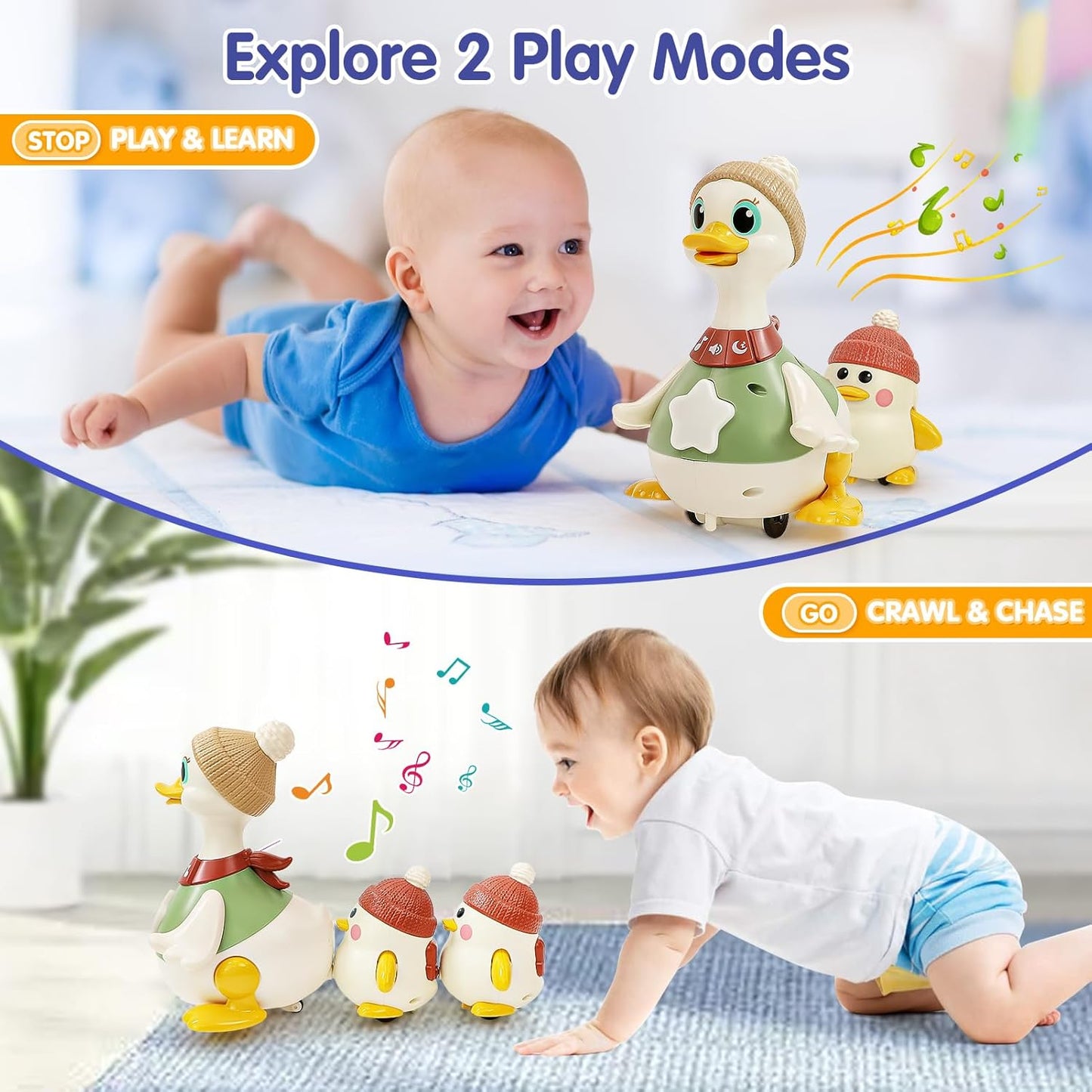 "Musical Walking Duck Family Toy π¦ | Light-Up Crawling & Tummy Time Baby Ducks Set (3 Pack)"