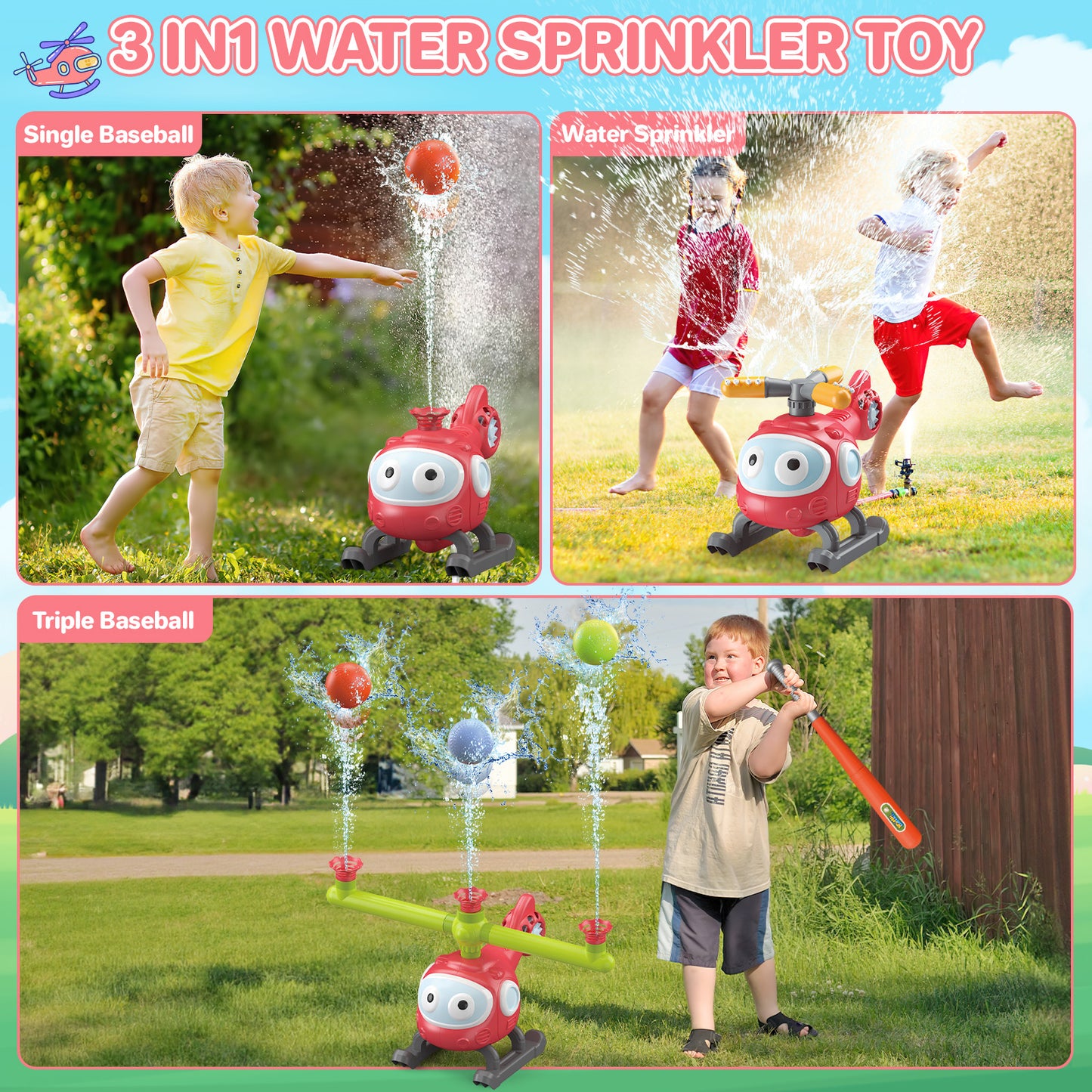 💦 4-in-1 Water Sprinkler T-Ball Set for Kids | Backyard Baseball & Helicopter Toy | Outdoor Summer Garden Hose Water Game 🎉⚾