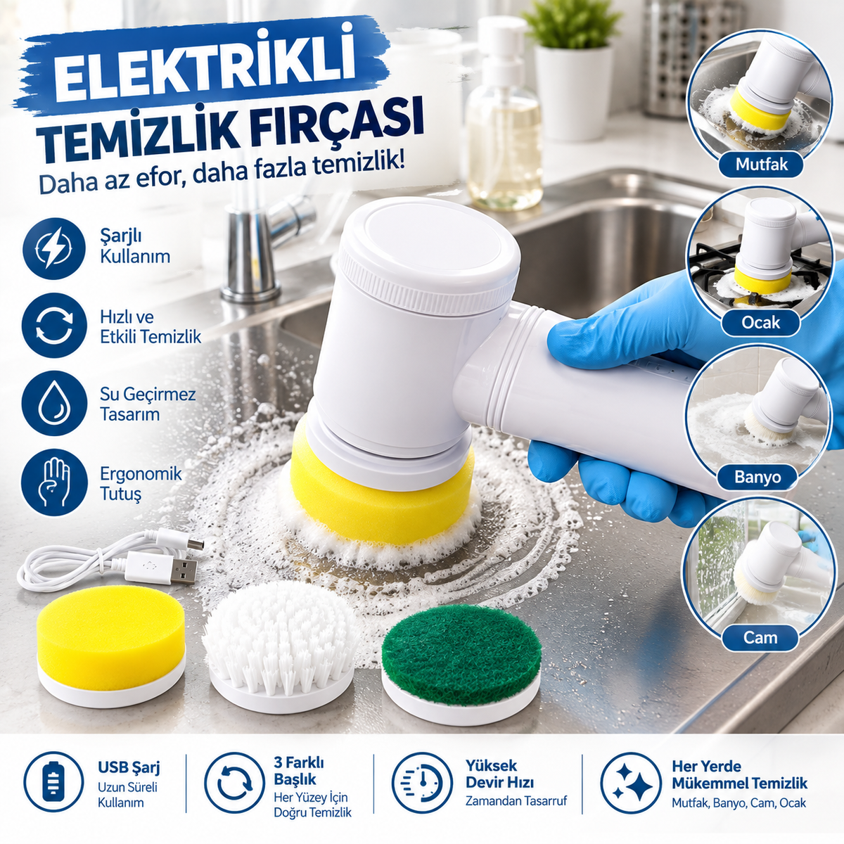 Güçlü Temizlik İçin 5 Başlıklı Sihirli Temizlik Fırçası | Kablosuz & Şarjlı