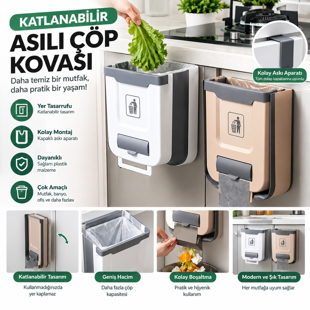 Pratik Katlanabilir Çöp Kovası | Torbalı, Asılabilir & Kompakt Tasarım