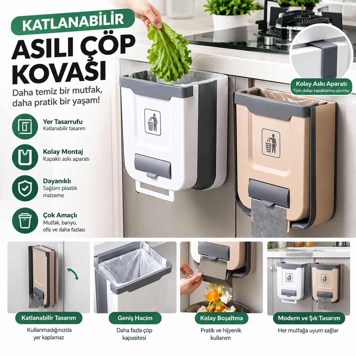 Pratik Katlanabilir Çöp Kovası | Torbalı, Asılabilir & Kompakt Tasarım