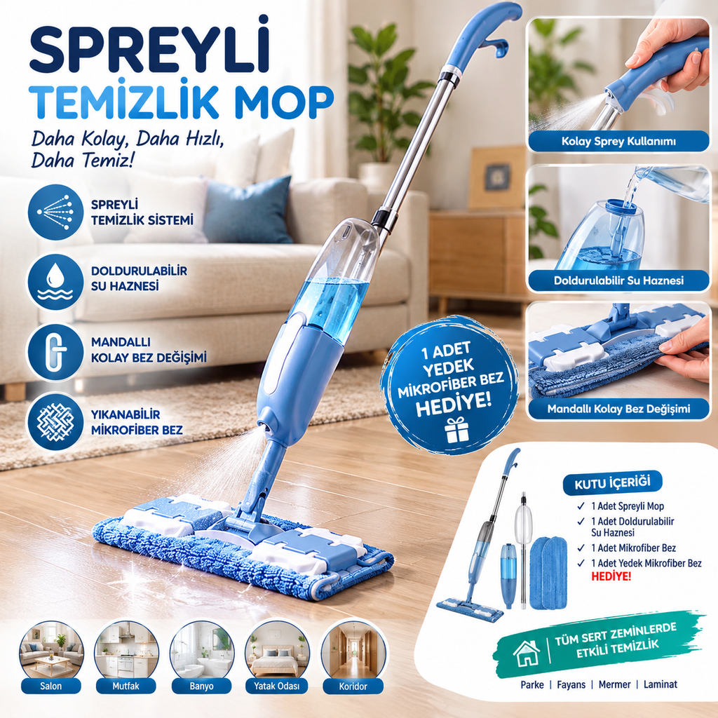 Spreyli Mop - Doldurulabilir Su Haznesi - Yedek Mikrofiber Bez Hediyeli
