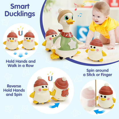 "Musical Walking Duck Family Toy 🦆 | Light-Up Crawling & Tummy Time Baby Ducks Set (3 Pack)"